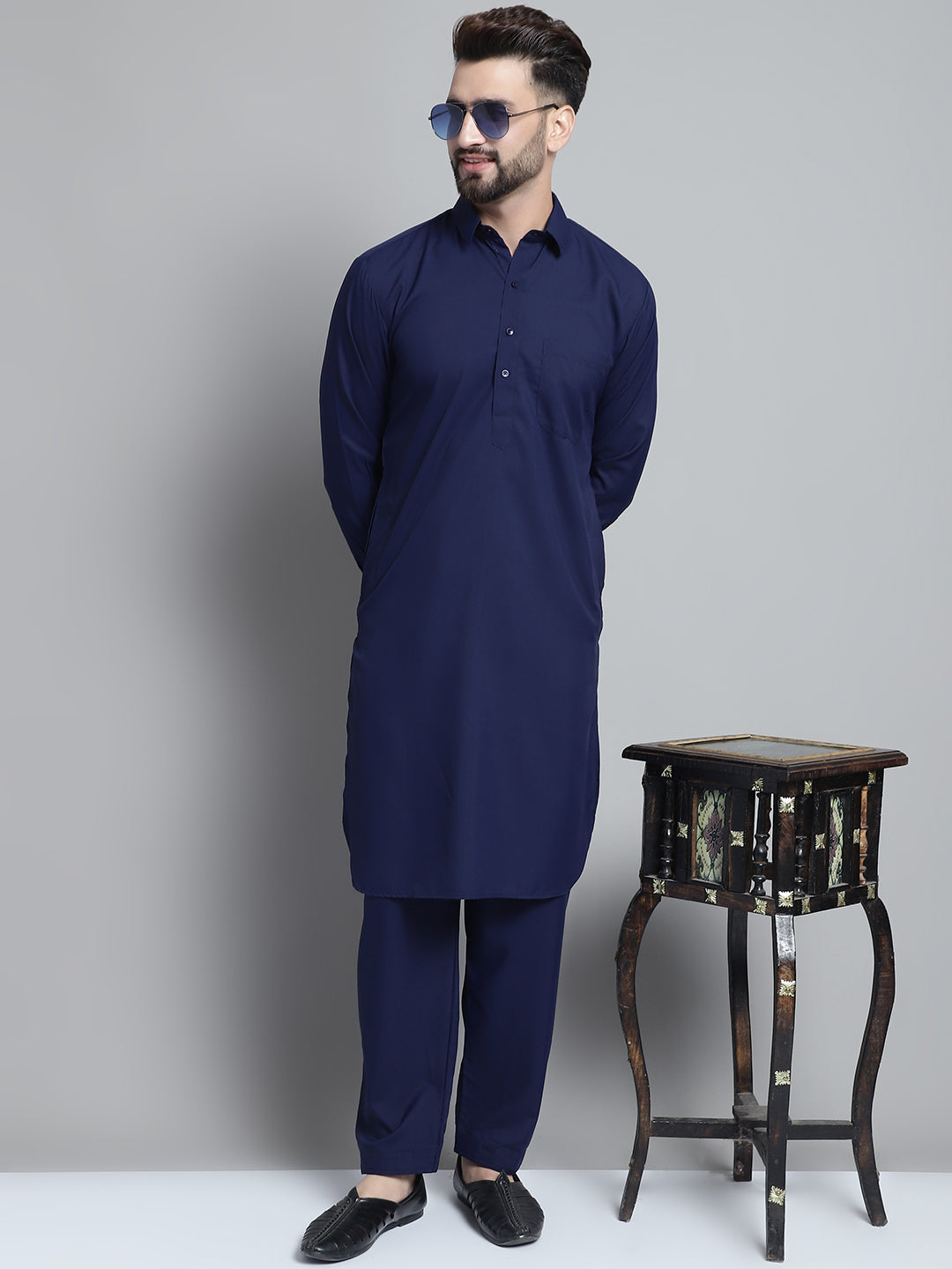 Mens Navy Blue Cotton Solid Pathani Kurta With Salwar