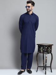 Men's Navy Blue Cotton Solid Pathani Kurta with Salwar