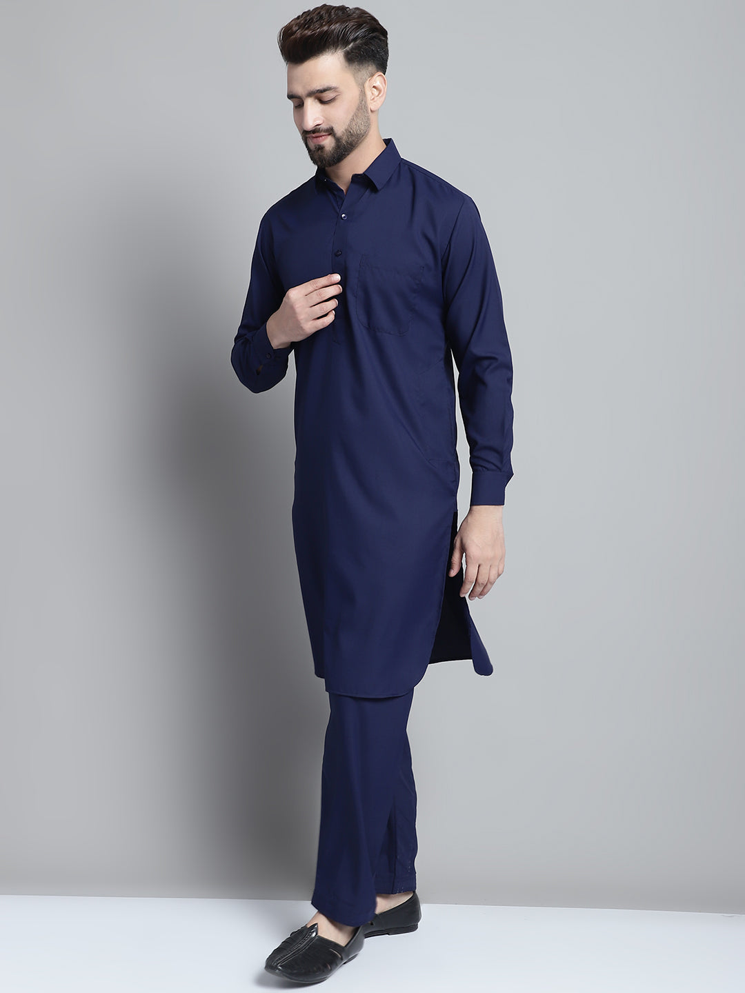 Mens Navy Blue Cotton Solid Pathani Kurta With Salwar