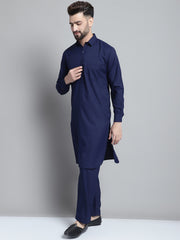 Men's Navy Blue Cotton Solid Pathani Kurta with Salwar