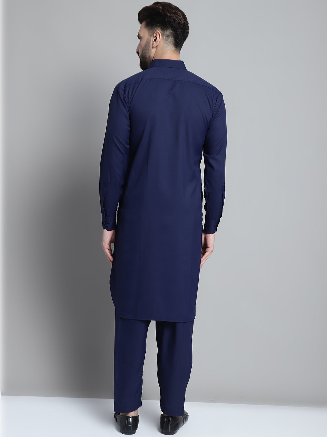 Mens Navy Blue Cotton Solid Pathani Kurta With Salwar