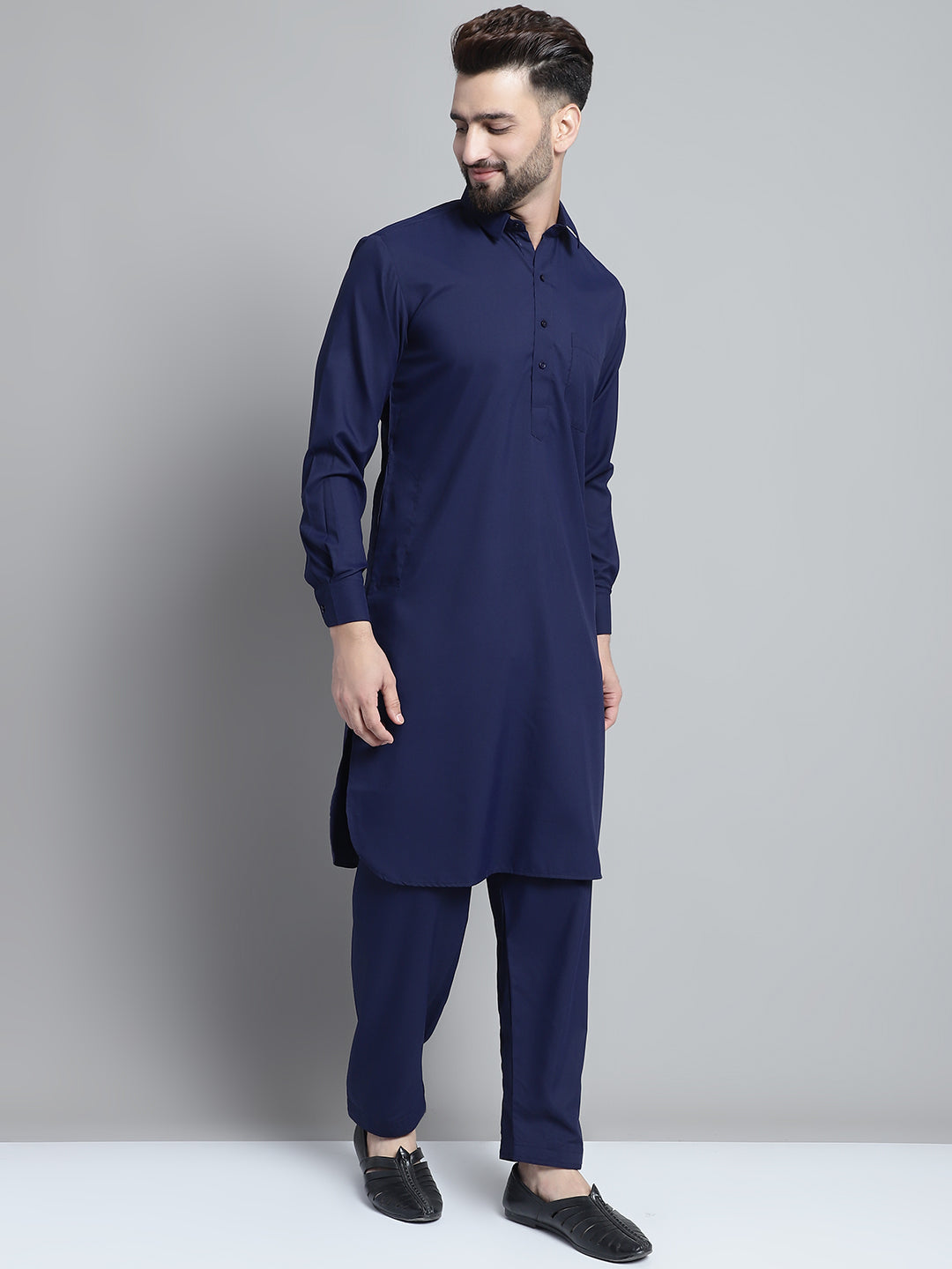 Mens Navy Blue Cotton Solid Pathani Kurta With Salwar