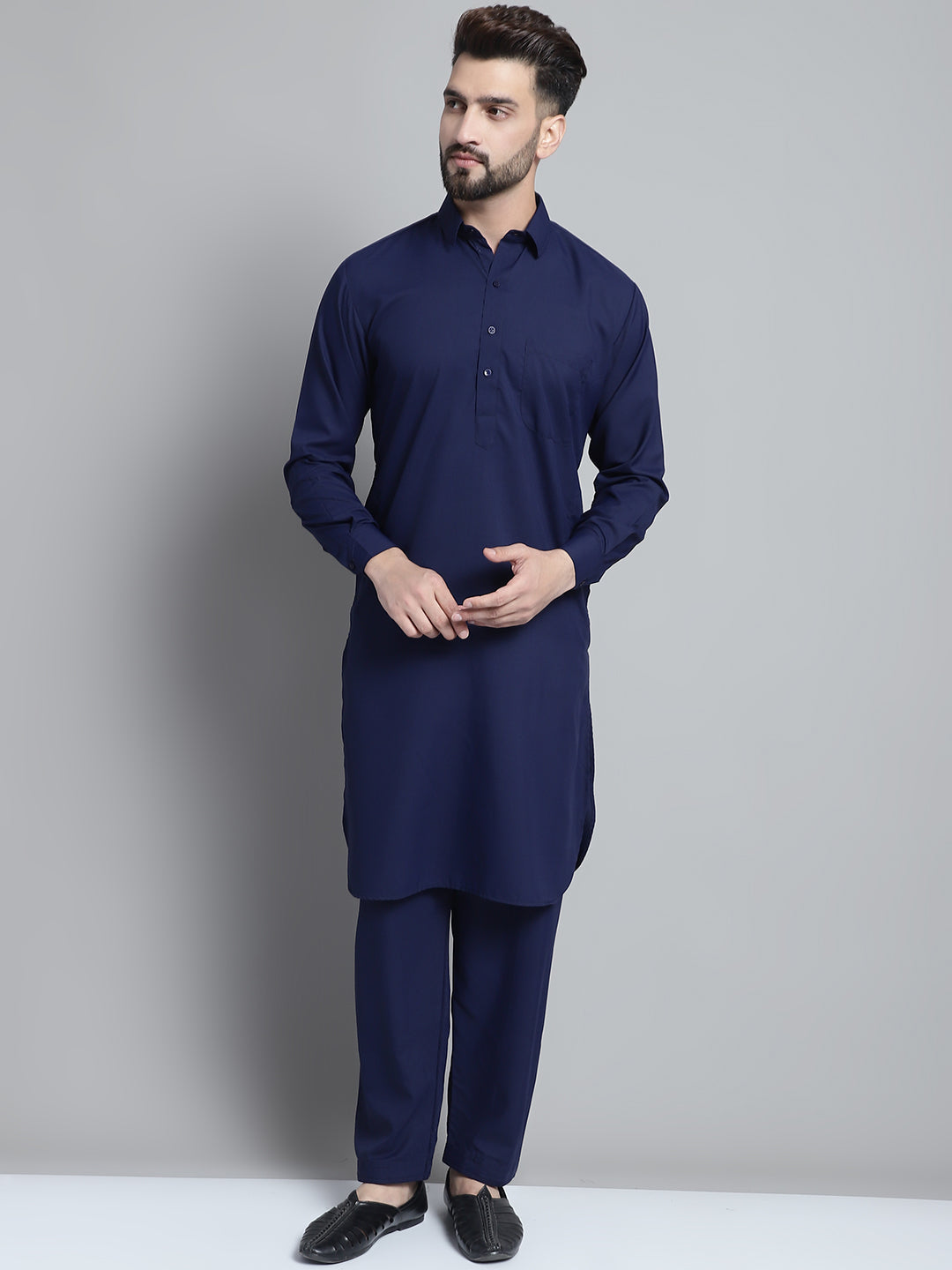 Mens Navy Blue Cotton Solid Pathani Kurta With Salwar