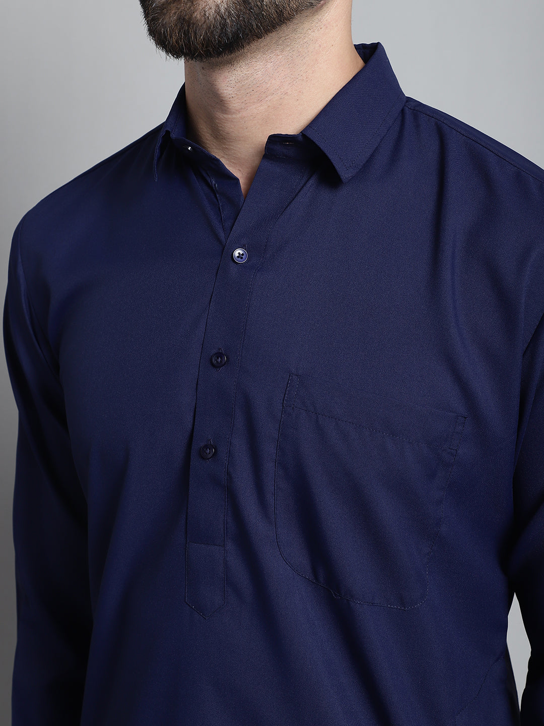 Mens Navy Blue Cotton Solid Pathani Kurta With Salwar