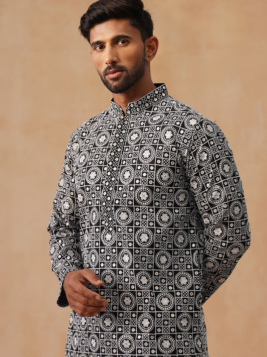 Classic Geometric Embroidered Kurtas ( KO 5279 Black )
