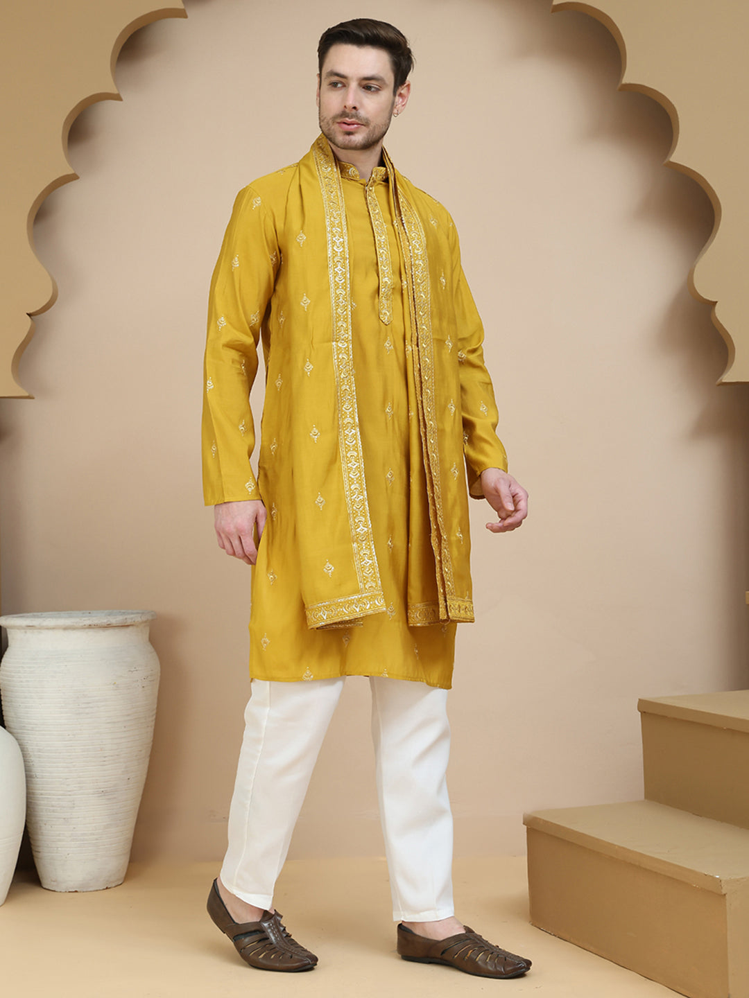 Embroidered Sequin Kurta Pyjama With Dupatta