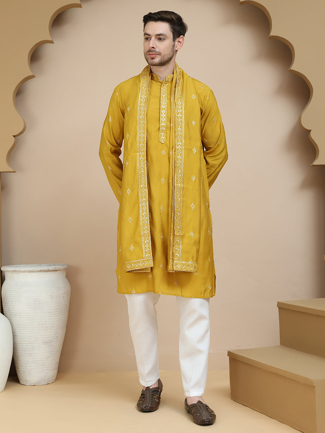 embroidered sequin kurta pyjama with dupatta