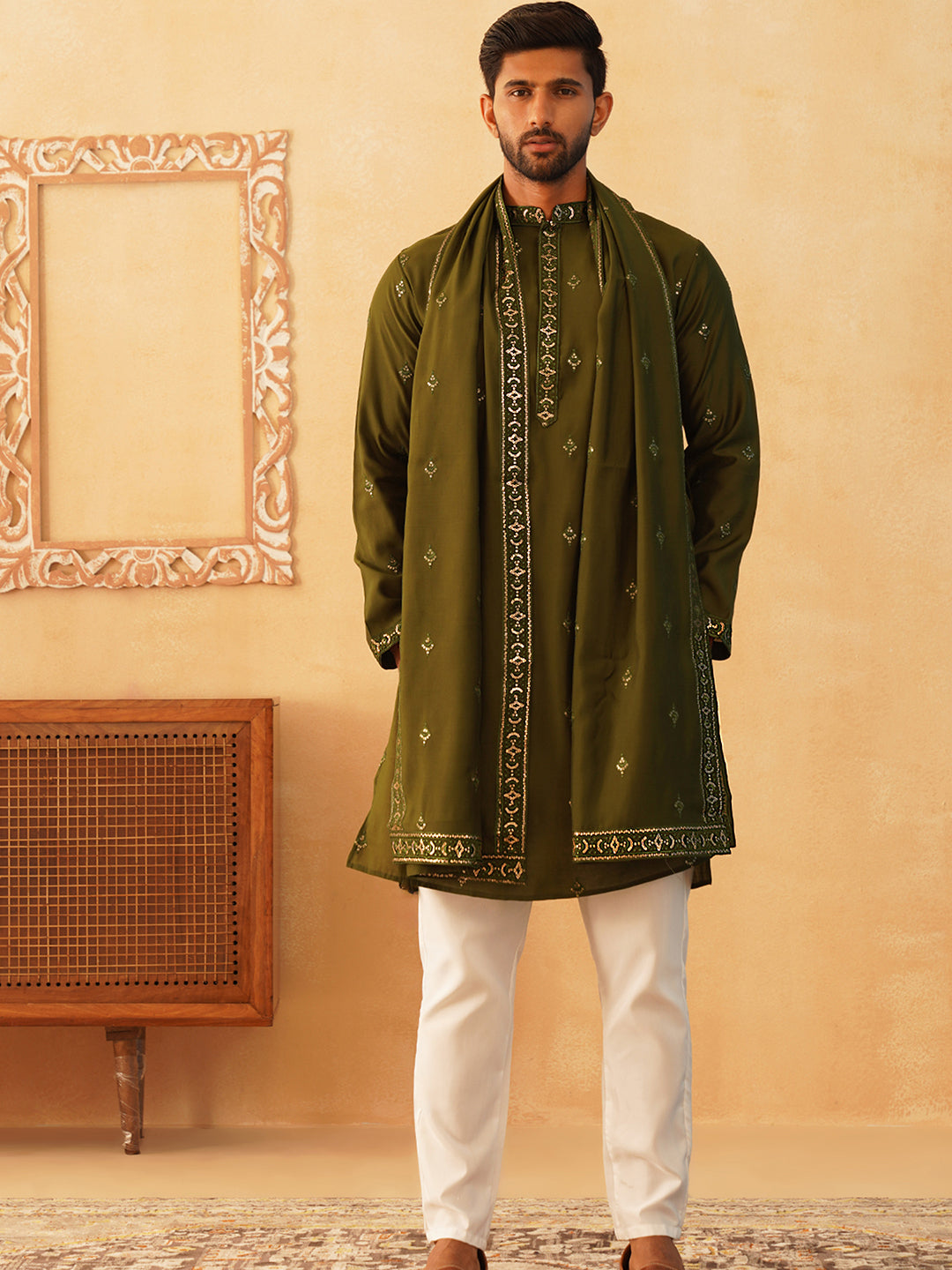 embroidered kurta with dupatta set for men kod