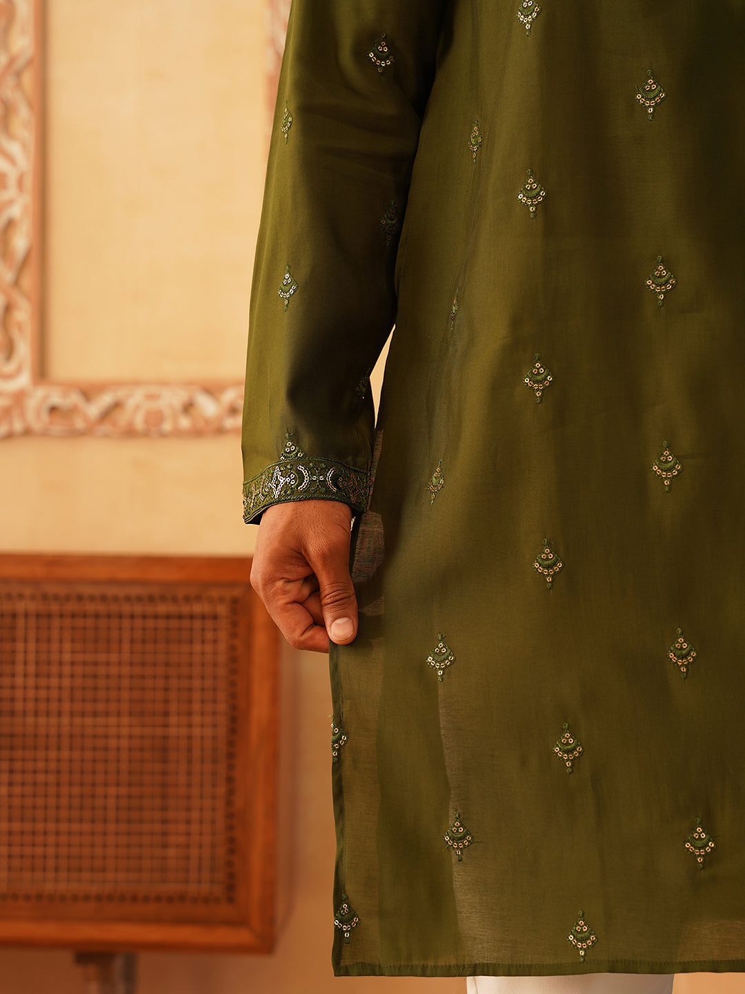 embroidered kurta with dupatta set for men kod