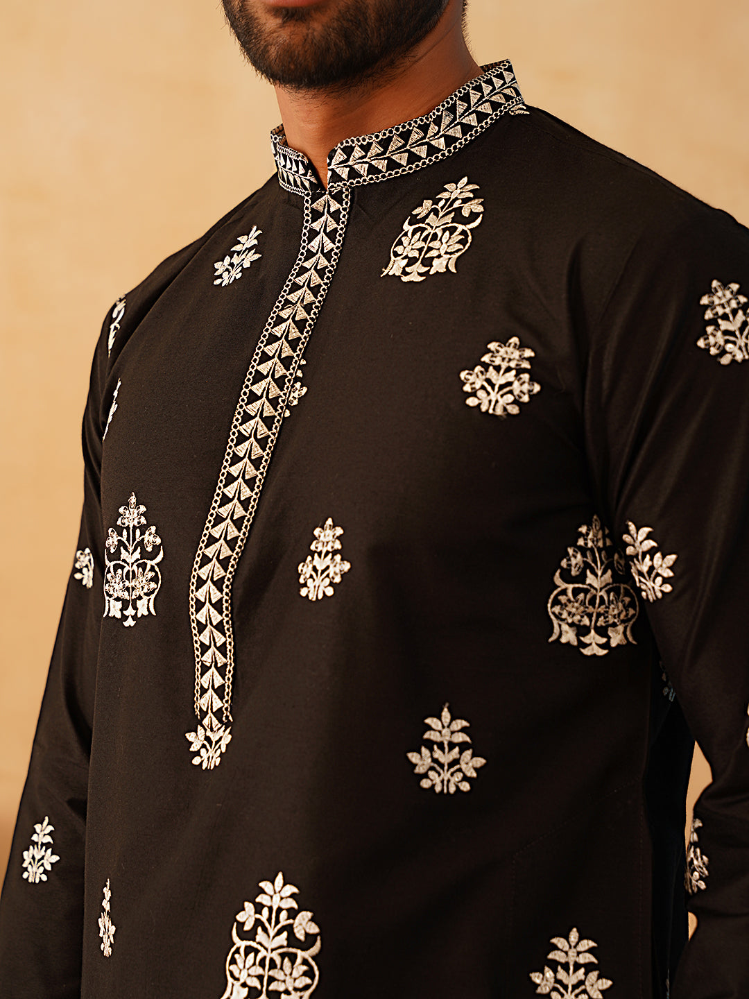 black embroidered kurta with dupatta set kod