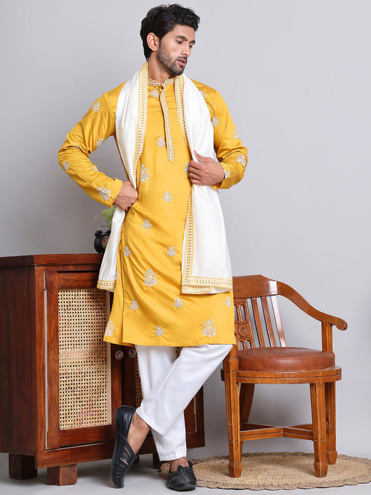 Embroidered & Sequin Kurta Pyjama With Dupatta ( JOKP D 5091Mustard )