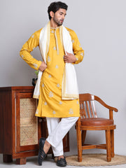 Embroidered & Sequin Kurta Pyjama With Dupatta ( JOKP D 5091Mustard )