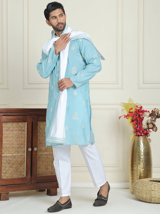 Embroidered & Sequin Kurta Pyjama With Dupatta ( JOKP P D 5091 Sky )