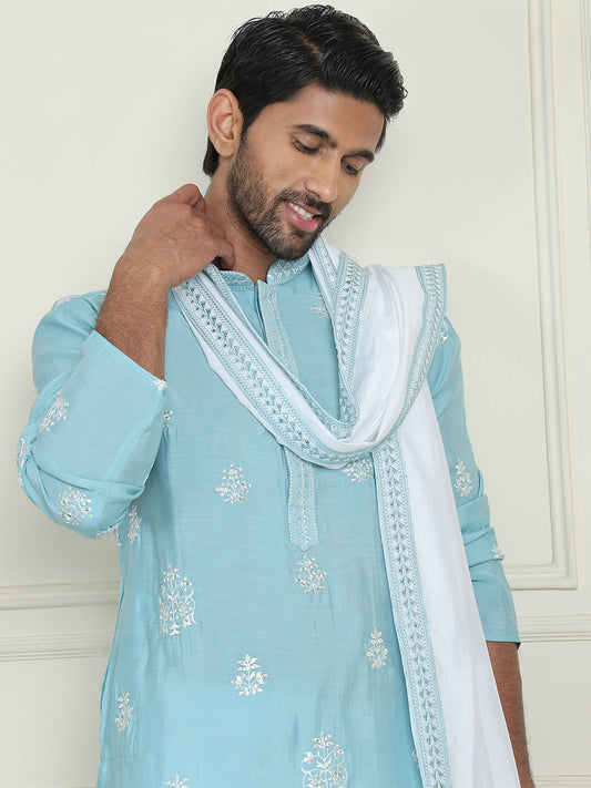 Embroidered & Sequin Kurta With Dupatta ( KOD 5091 sky )