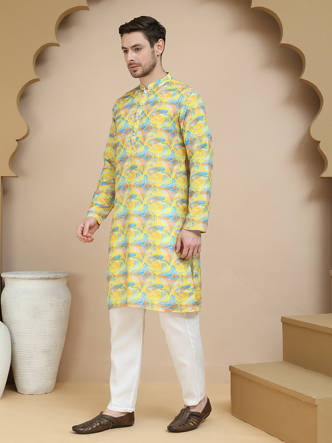 Abstract Printed Kurta Pyjama With Matching Dupatta