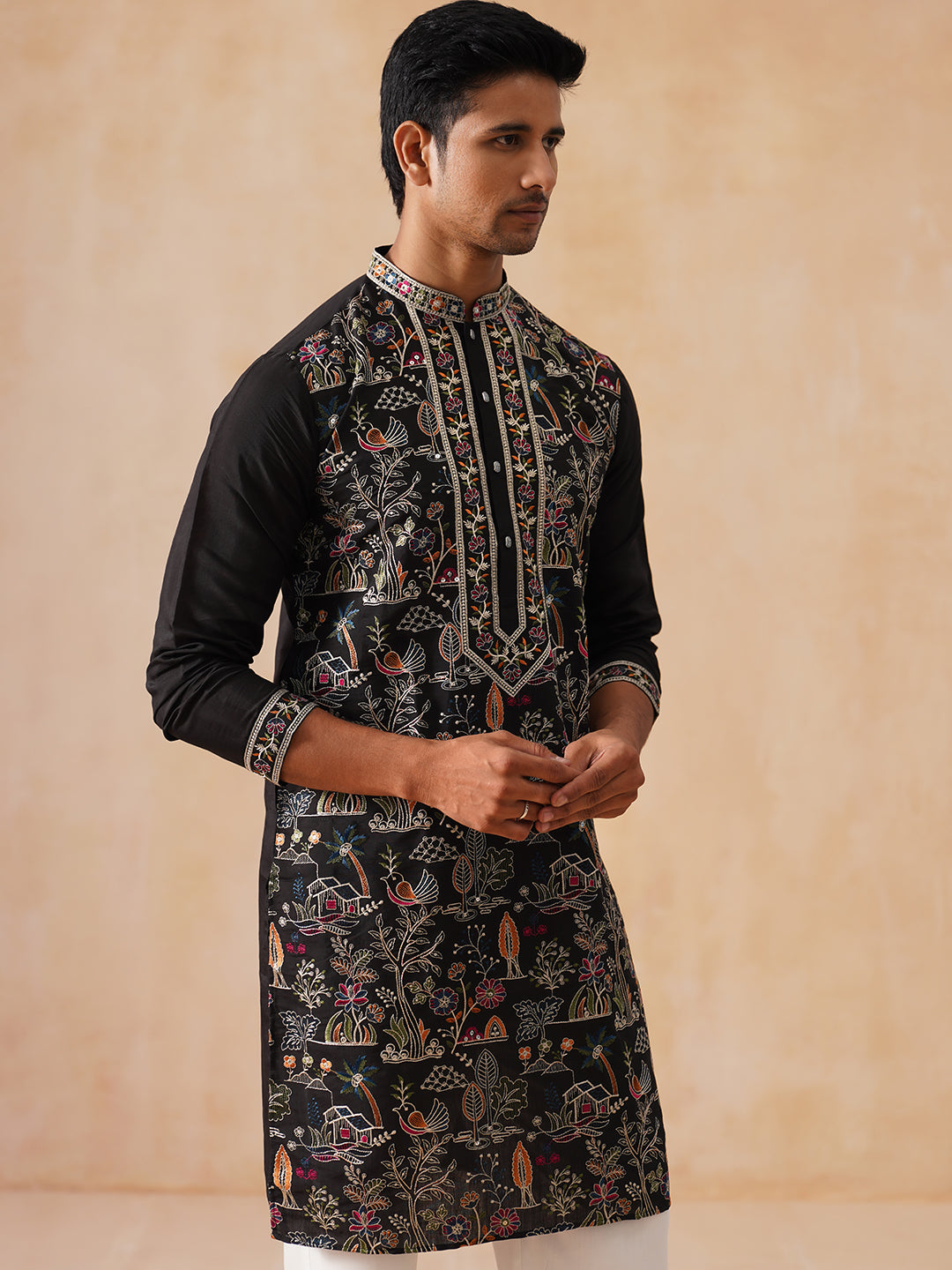 Silk Blend Kurta Set With Multicolor Embroidery