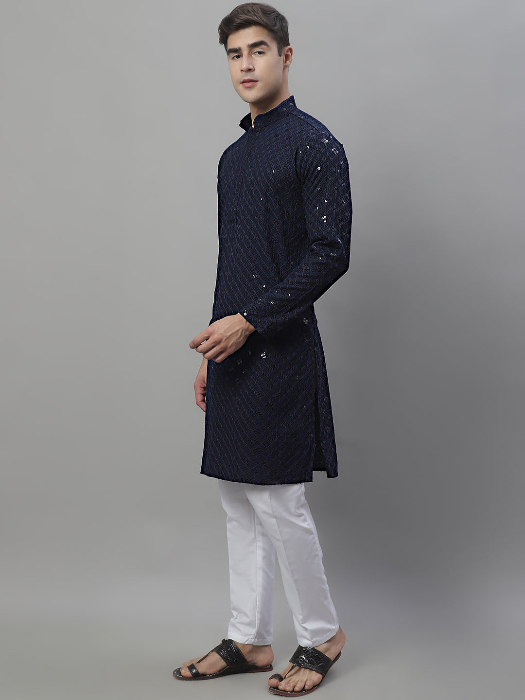 Mens Navy Blue Chikankari Embroidered And Sequence Kurta With Pyjama