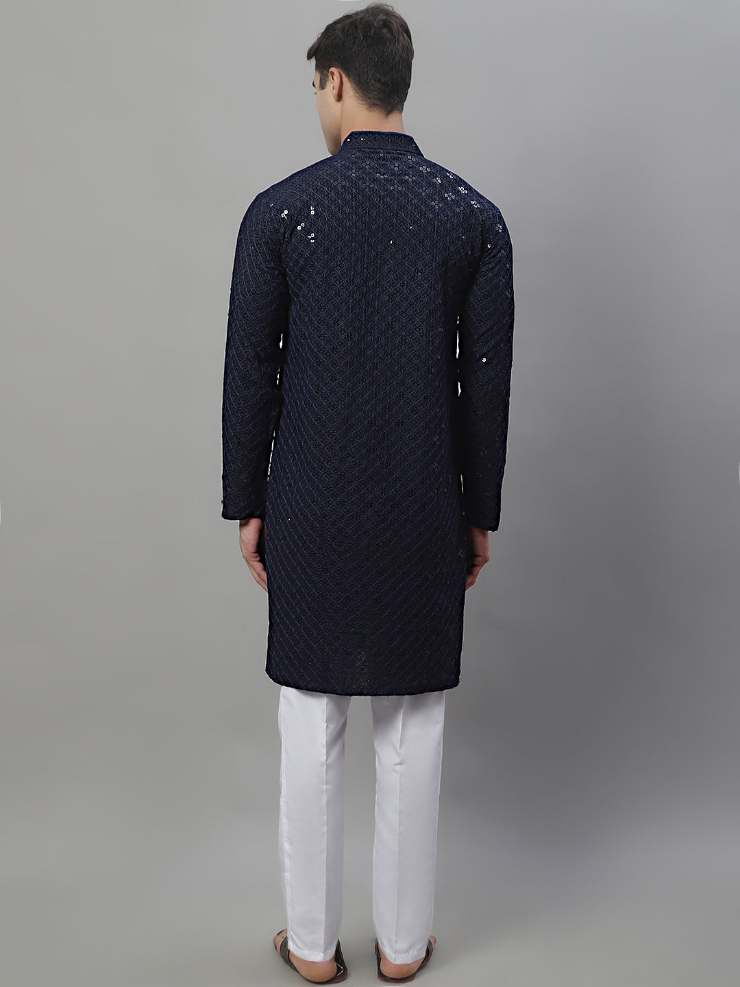 Mens Navy Blue Chikankari Embroidered And Sequence Kurta With Pyjama