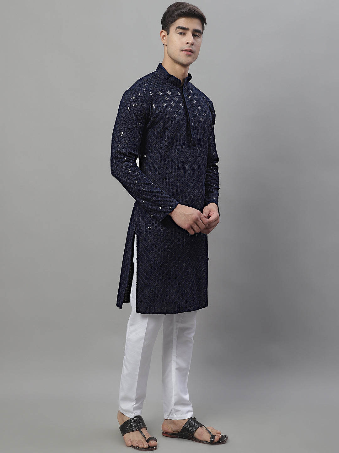 Mens Navy Blue Chikankari Embroidered And Sequence Kurta With Pyjama