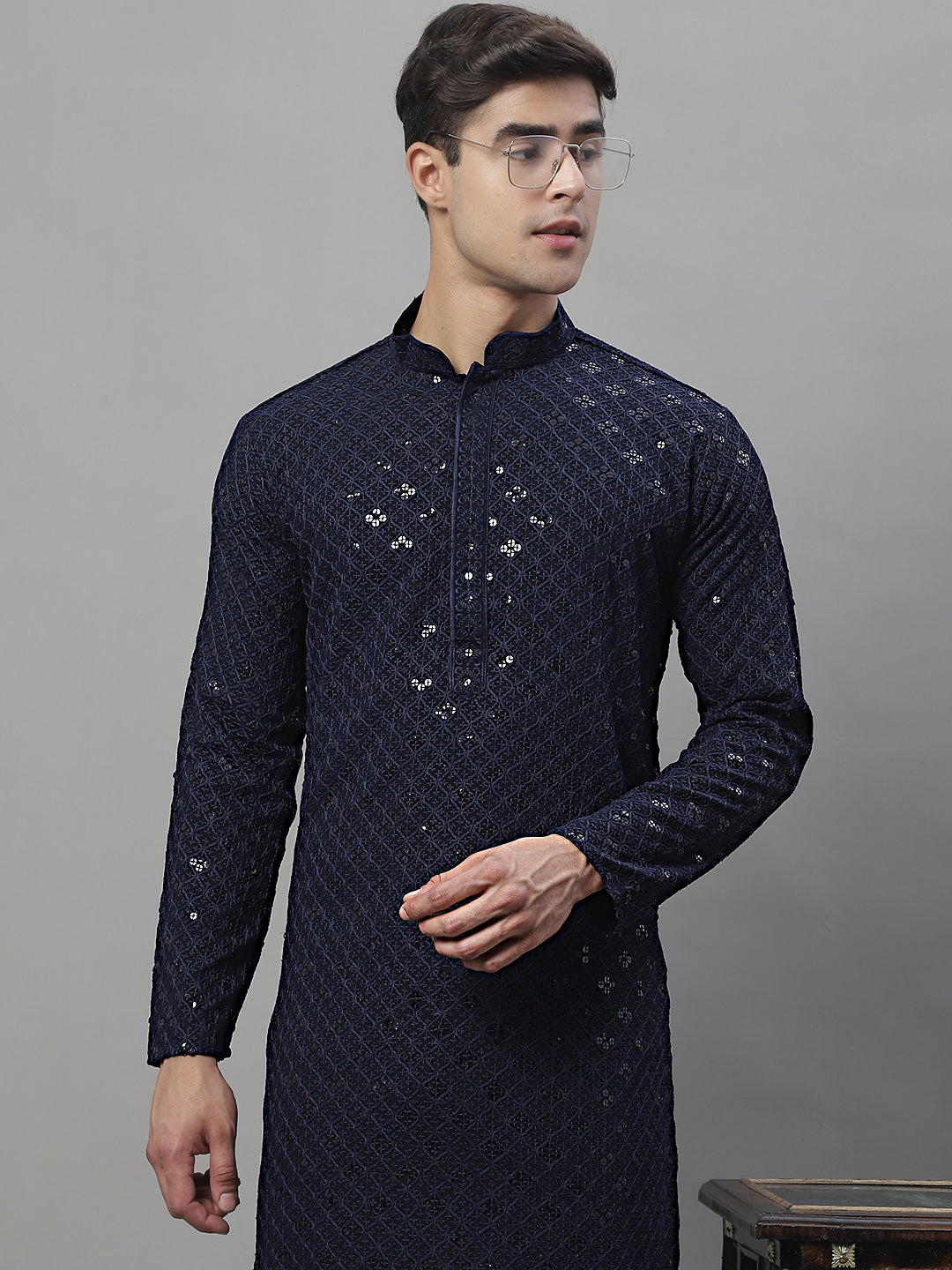 Mens Navy Blue Chikankari Embroidered And Sequence Kurta With Pyjama