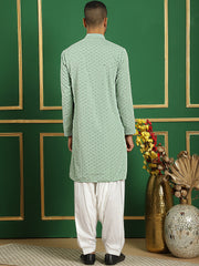 Men Pista Green Embroidered and Sequence Kurta with Salwar