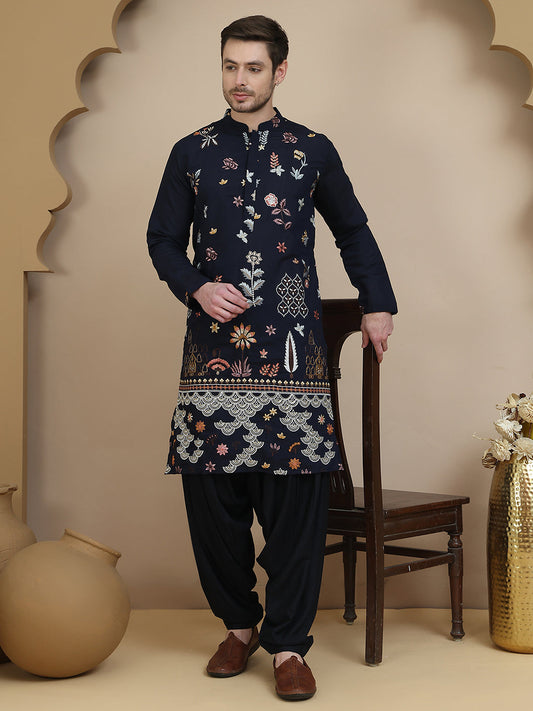 Embroidered Silk Blend Kurta with White Salwar ( JOKP SP-B 5140 Navy )