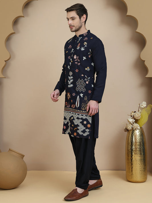 Embroidered Silk Blend Kurta with White Salwar ( JOKP SP-B 5140 Navy )