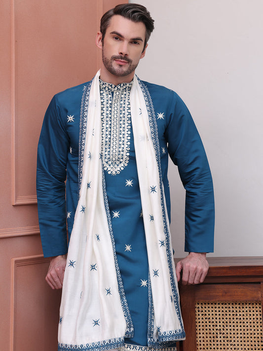 Embroidered Blue Silk Blend Kurta Salwar and Dupatta Set for Men ( JOKP SP-D 5077Peacock )
