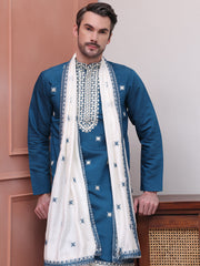 Embroidered Blue Silk Blend Kurta Salwar and Dupatta Set for Men ( JOKP SP-D 5077Peacock )