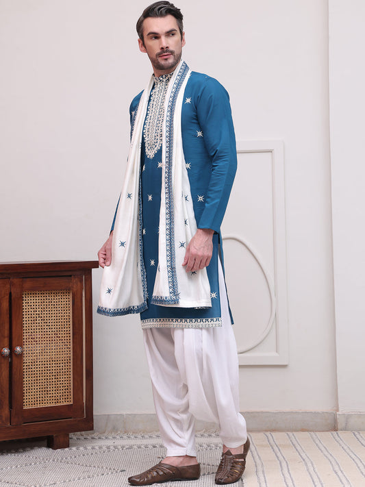 Embroidered Blue Silk Blend Kurta Salwar and Dupatta Set for Men ( JOKP SP-D 5077Peacock )