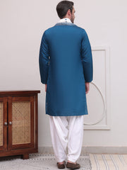 Embroidered Blue Silk Blend Kurta Salwar and Dupatta Set for Men ( JOKP SP-D 5077Peacock )