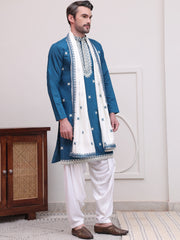 Embroidered Blue Silk Blend Kurta Salwar and Dupatta Set for Men ( JOKP SP-D 5077Peacock )