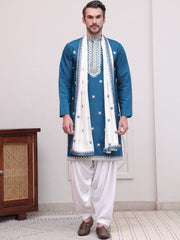 Embroidered Blue Silk Blend Kurta Salwar and Dupatta Set for Men ( JOKP SP-D 5077Peacock )