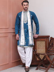 Embroidered Blue Silk Blend Kurta Salwar and Dupatta Set for Men ( JOKP SP-D 5077Peacock )