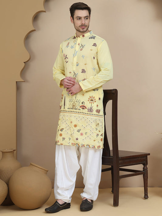 Embroidered Silk Blend Kurta with White Salwar ( JOKP SP-W 5140 Yellow )