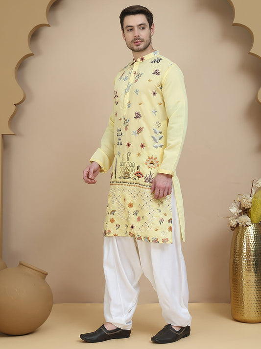Embroidered Silk Blend Kurta with White Salwar ( JOKP SP-W 5140 Yellow )