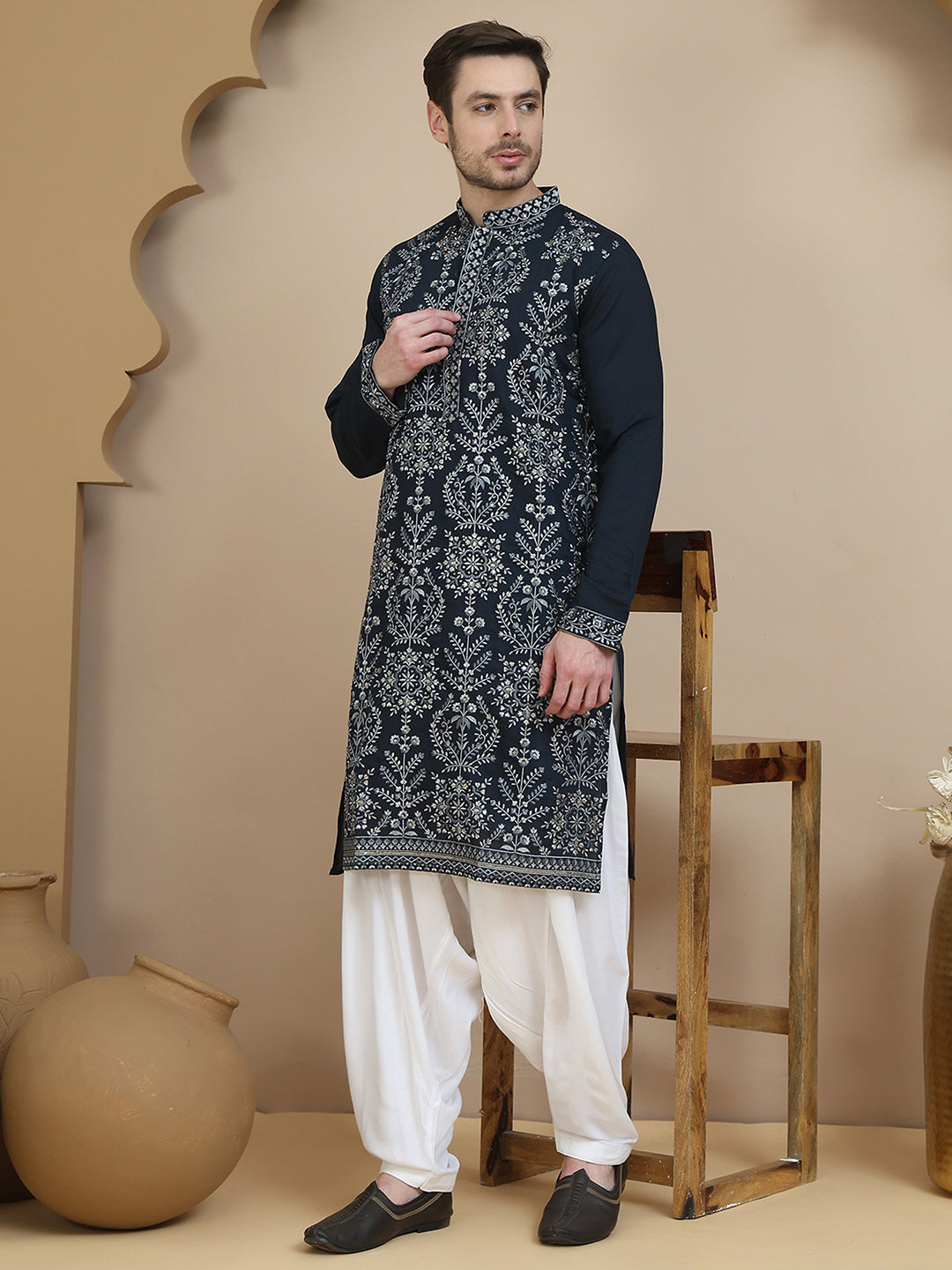 embroidered silk blend kurta with salwar