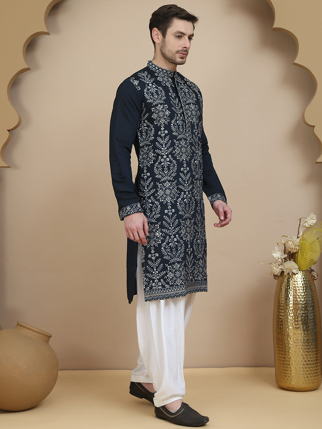 embroidered silk blend kurta with salwar