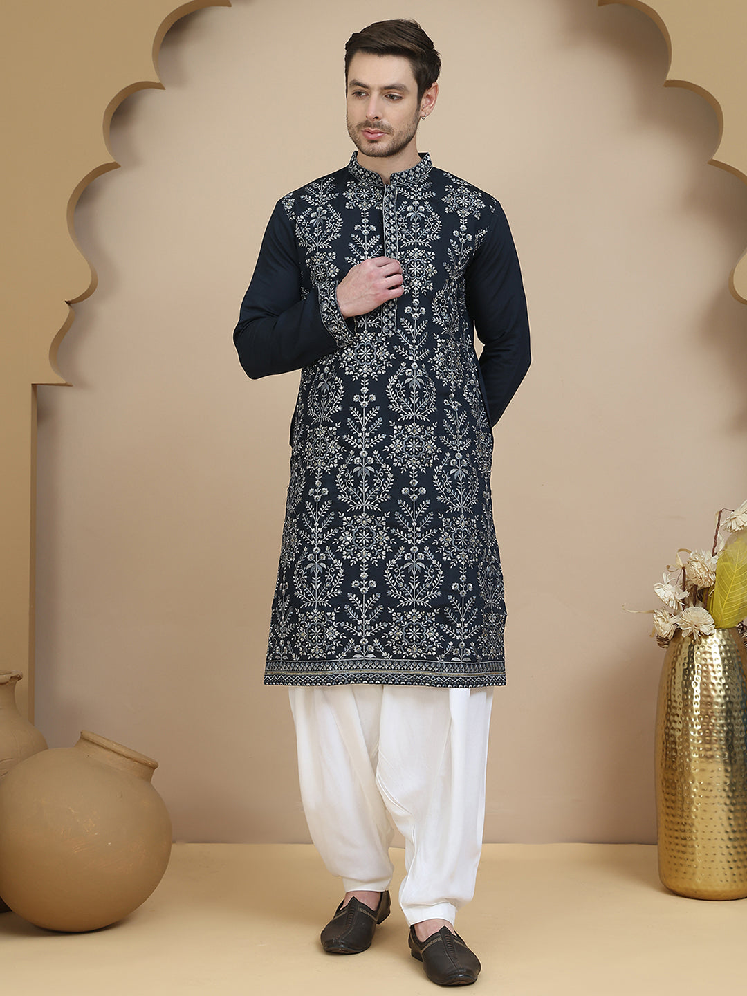 Embroidered Silk Blend Kurta With Salwar
