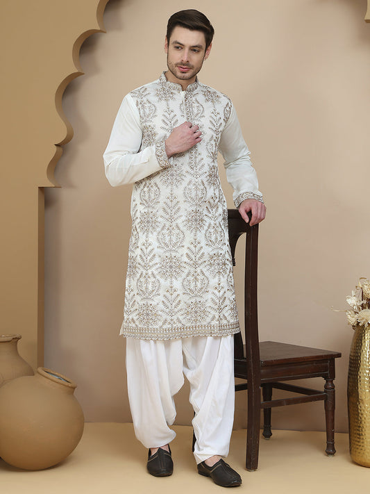 Embroidered Silk Blend Kurta with Salwar ( JOKP SP-W 5180 White )