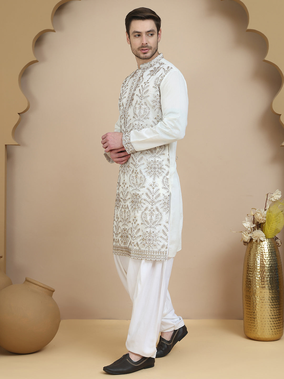 embroidered silk blend kurta with salwar