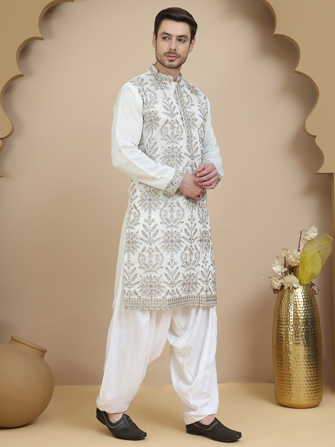 embroidered silk blend kurta with salwar