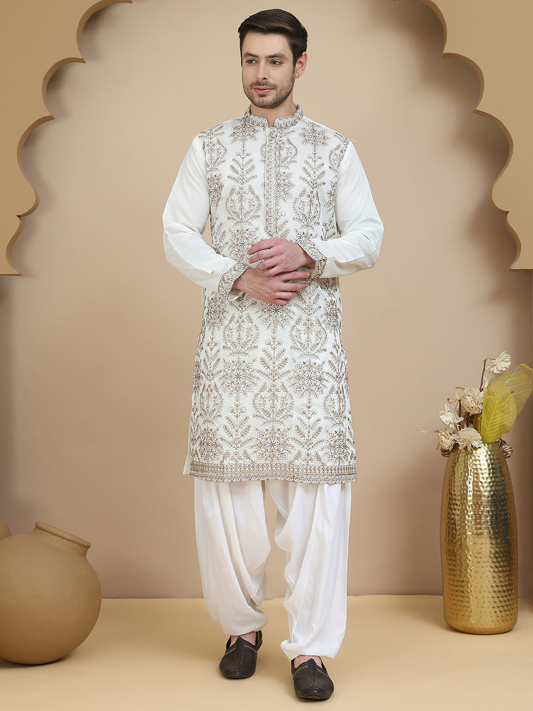 embroidered silk blend kurta with salwar