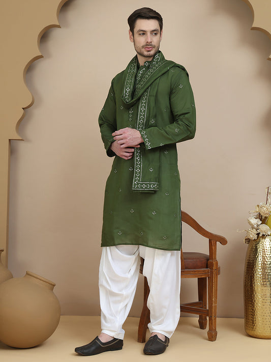Embroidered Kurta Salwar and Dupatta Set for Men ( JOKP SP-W D 5088 Olive )