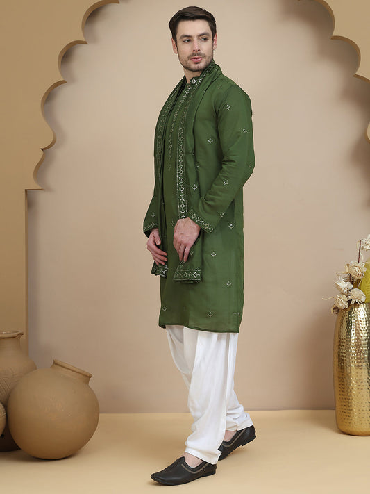 Embroidered Kurta Salwar and Dupatta Set for Men ( JOKP SP-W D 5088 Olive )