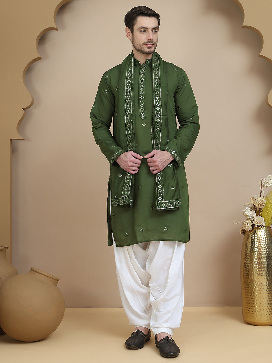 Embroidered Kurta Salwar And Dupatta Set For Men