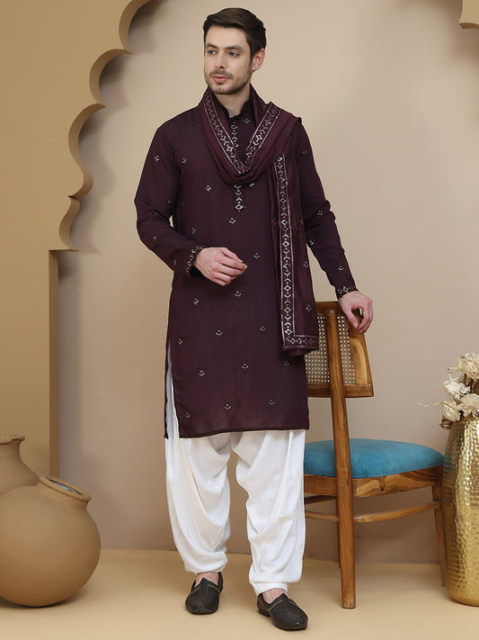 Embroidered Kurta Salwar and Dupatta Set for Men ( JOKP SP-W D 5088 Purple )
