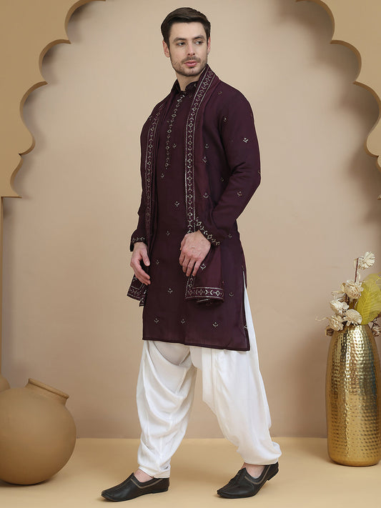 Embroidered Kurta Salwar and Dupatta Set for Men ( JOKP SP-W D 5088 Purple )