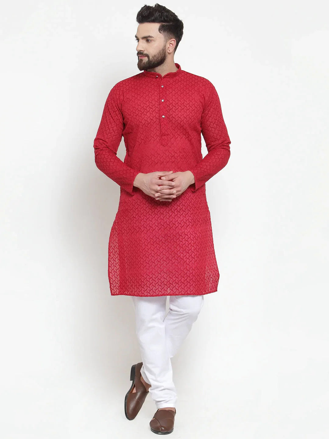 Jompers Men Maroon Chikan Kurta With Churidar