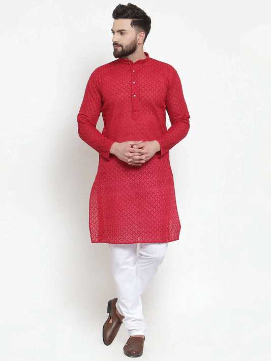 Jompers Men Maroon Chikan Kurta With Churidar